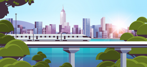 A skyline with green buildings or public transportation systems